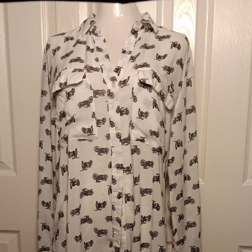 Max Jeans Womens Sheer White Button Up Blouse With Motorcycle Prints